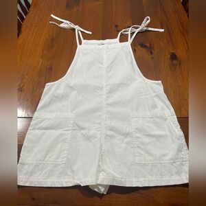 Aerie Women White Adjustable Tie Shoulder White Cotton Utility Shortall Romper L